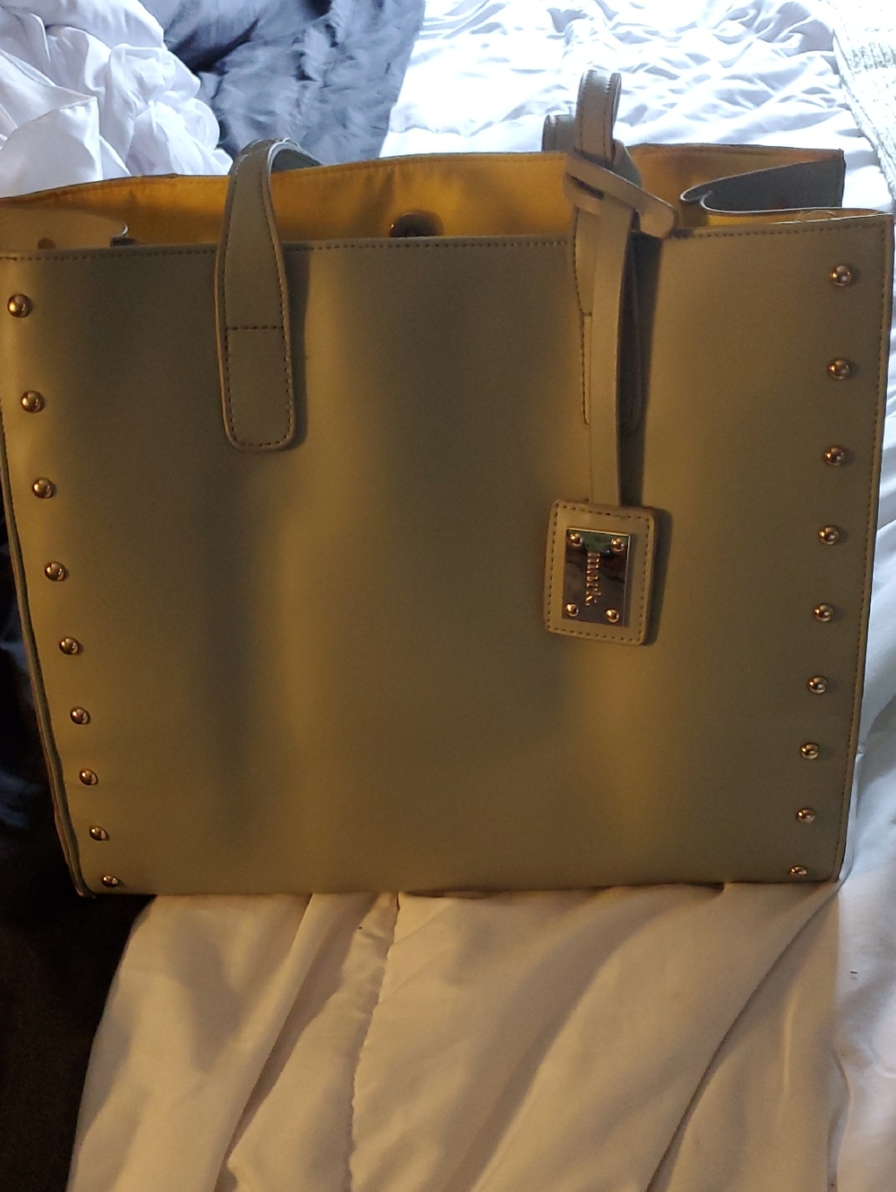 Studded Tote Bag in Light Olive Green And Yellow